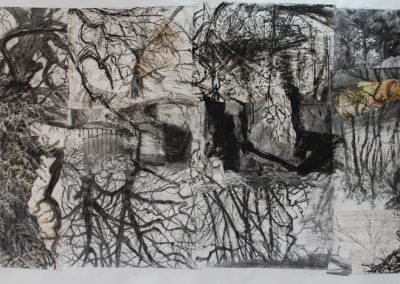 A collage of drawings of trees and sheds