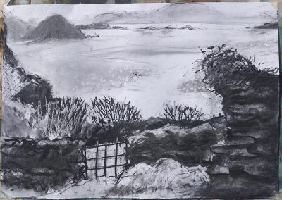charcoal drawing of sea and buildings