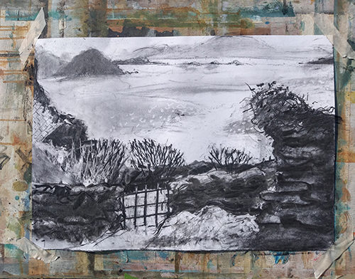 A charcoal drawing of ruins and a gate