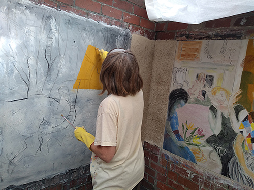 Working on the left hand wall of my fresco at Merz