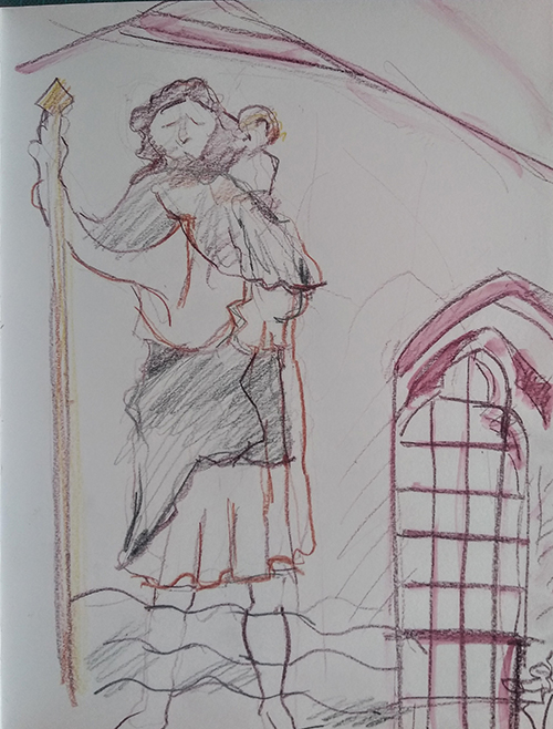 A drawing of saint Christopher from Hailes Church, Gloucestershire