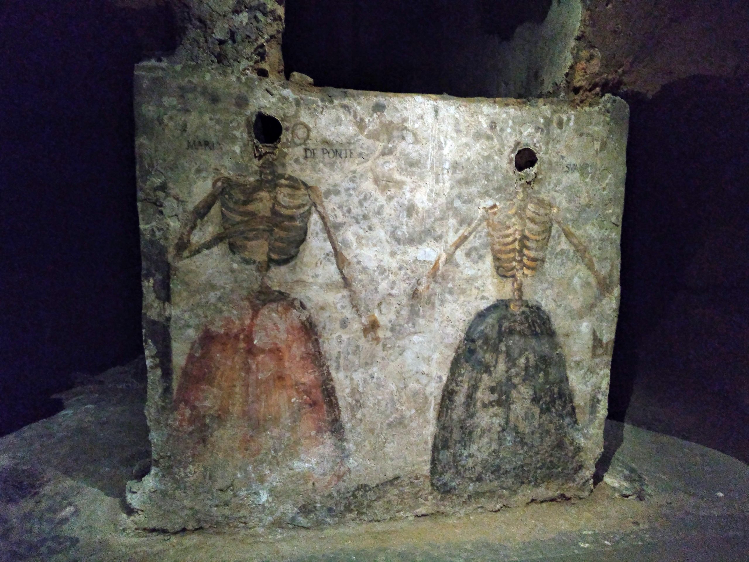 QEST study visit, frescoes of skeletons with skirts on