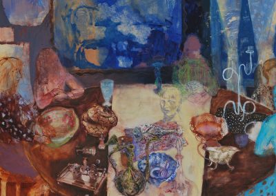 An oil painting of five people sitting round a table with objects