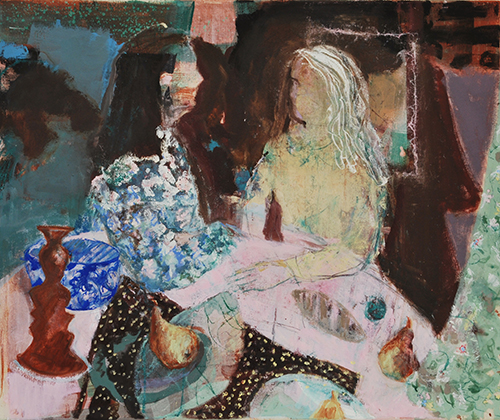 oil painting of two women having a conversation