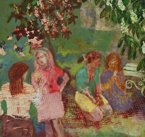 Creative Scotlqnd oil fresco influences, four girls are sitting under a chestnut tree