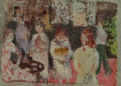 A fresco of a group of family members gathering.