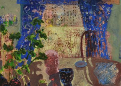 A still life with a clay head is placed in front of a window with curtains