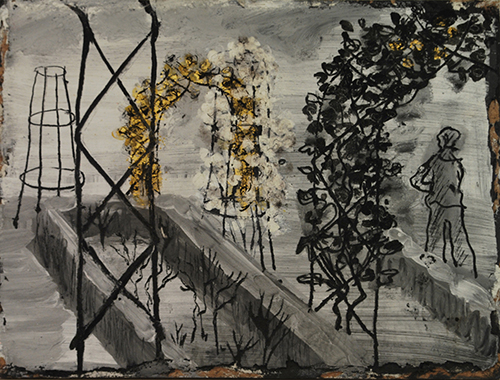 Creative Scotland oil fresco influences, a sgraffito of a person in a rose garden