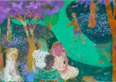 Some people are sitting in a park under a jacaranda tree