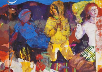 An oil painted triptych of three children having a picnic by a mountain