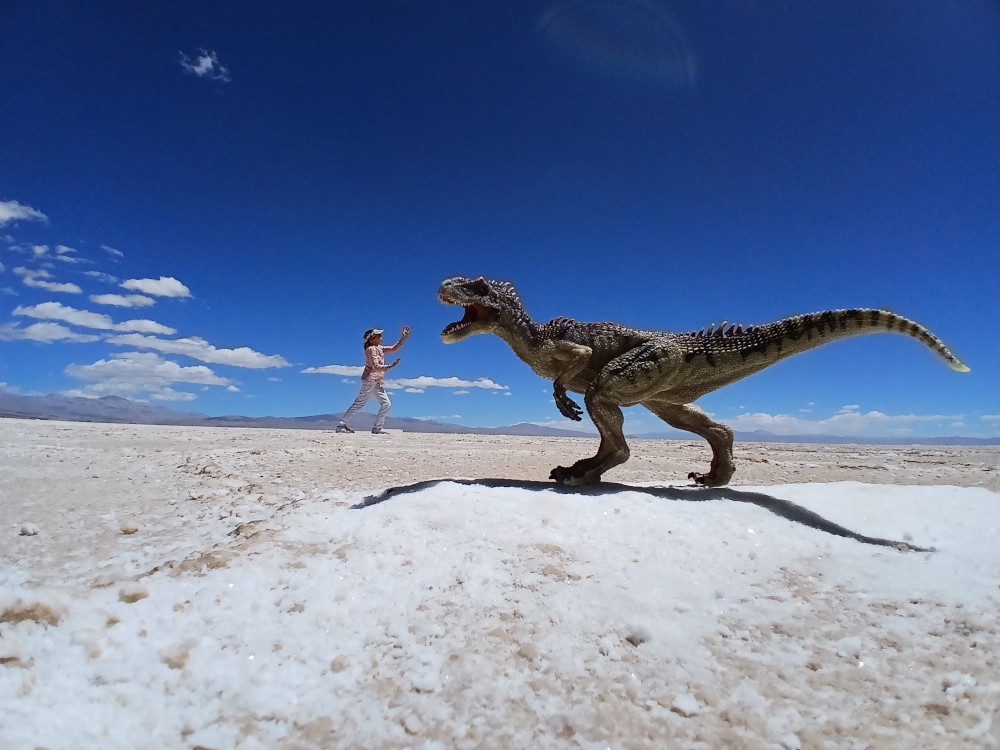 Olivia Irvine in Salinas Grandes with a toy dinosaur