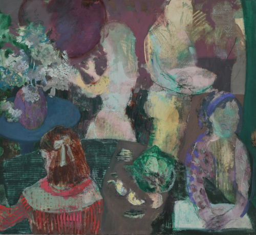 Two adults and two children are in a dining room.